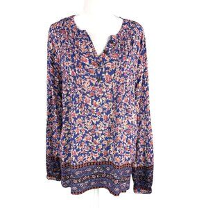 Knox Rose L Peasant Top Pinch Pleats Blue Pink Floral 100% Rayon Crinkle Gauze
